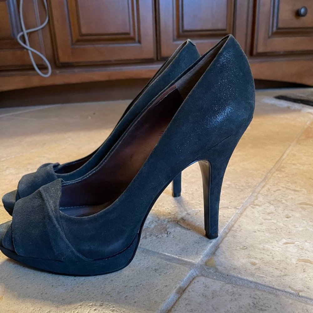 Black suede sparkly platform heels